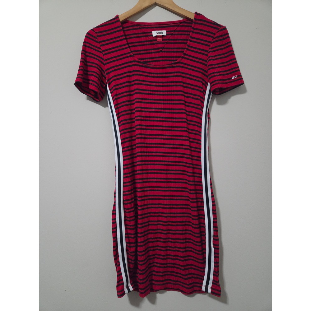 Tommy Jeans Red Navy Striped Ribbed‎ Knit Bodycon Mini Dress Side Tape XS